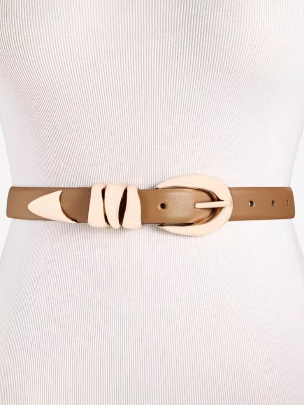 On 34th Skinny Sculptural Buckle Belt Toffee Tan w/Gold M Medium NEW!